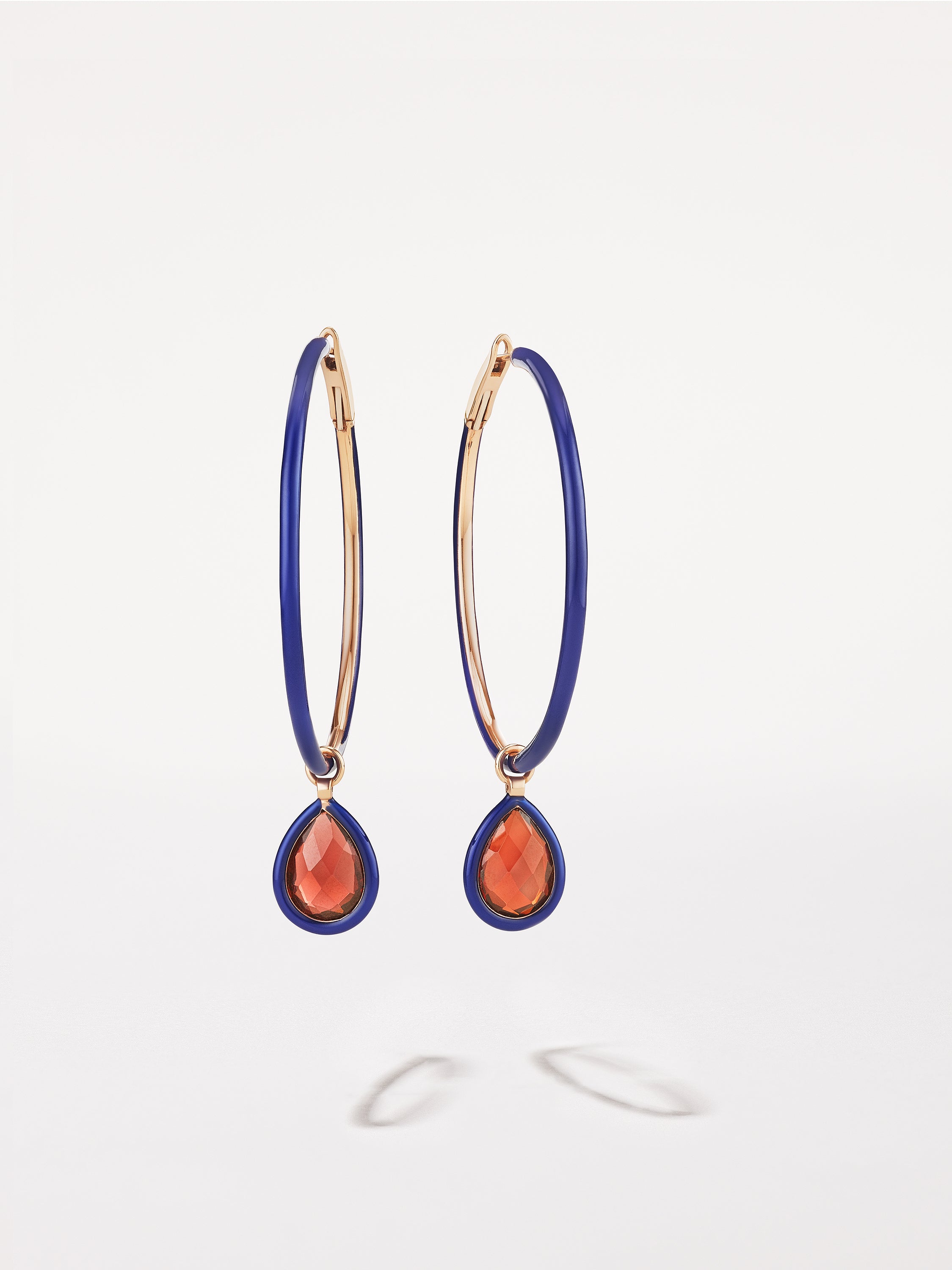 18K Rose Gold Medium Royal Blue Enamel Hoops with Garnet Charms