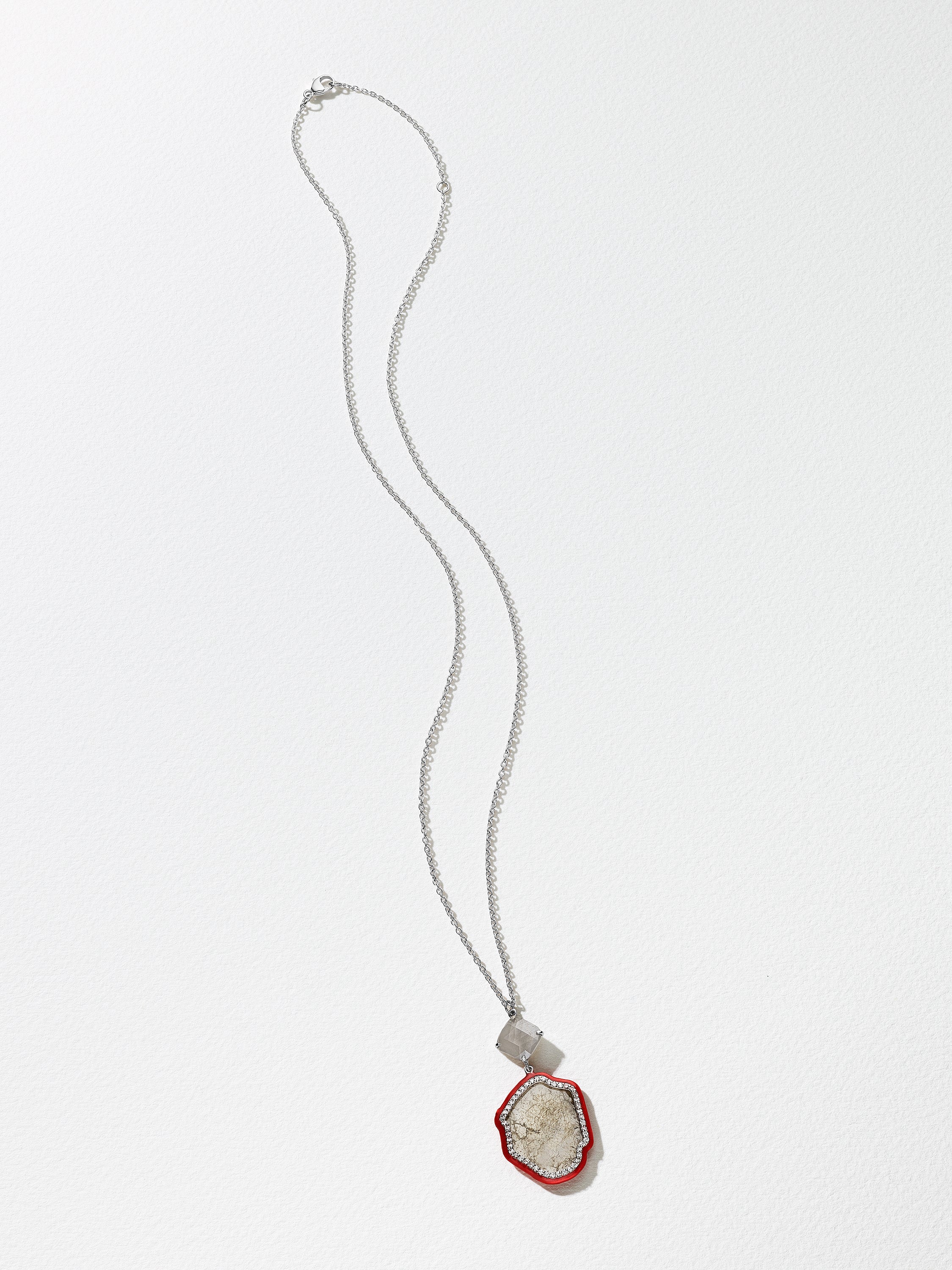 18K White Gold Slice Diamond and Grey Diamond Necklace with Red Enamel