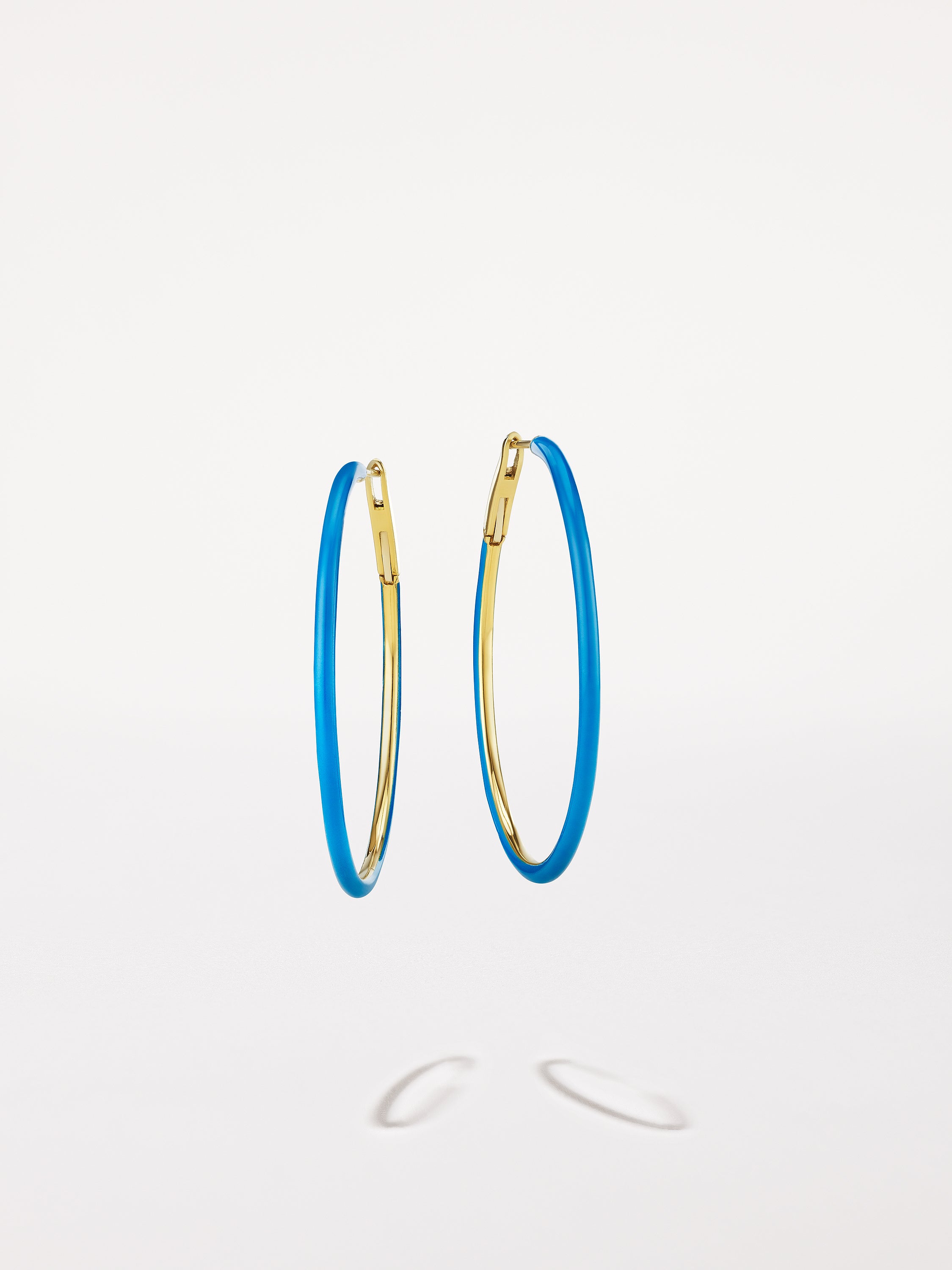 18K Yellow Gold Medium French Blue Enamel Hoops