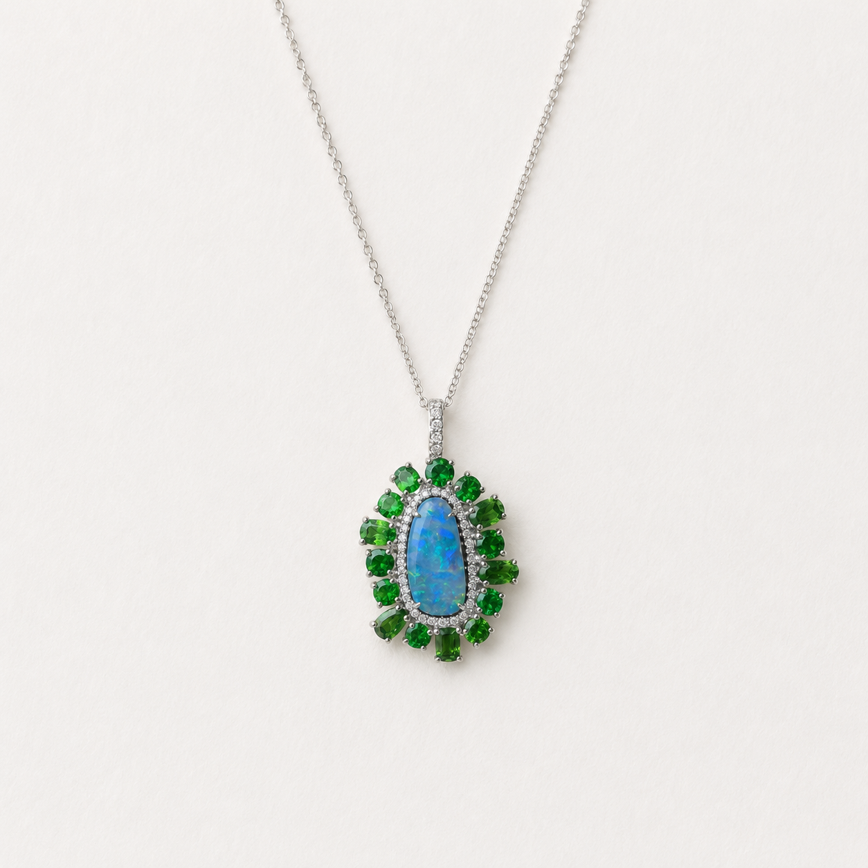 18K White Gold Opal and Tsaraite Garnet Charm