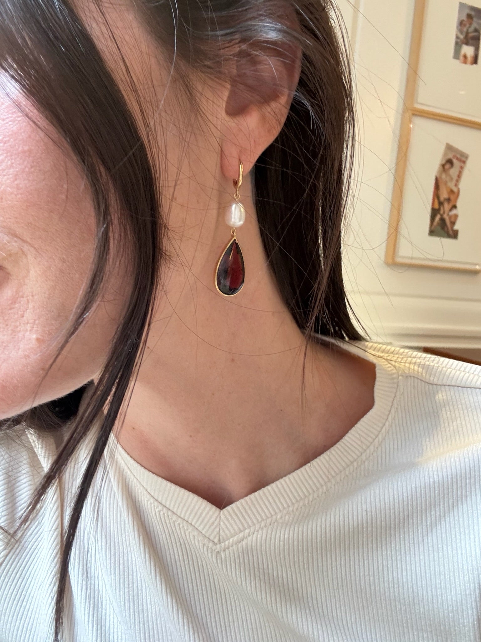 18K Yellow Gold Freshwater Pearl and Garnet Pearshape Dangle Earrings