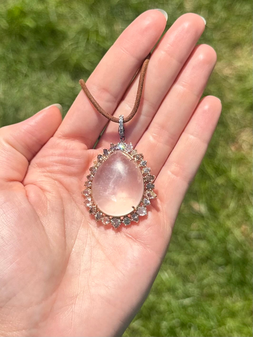 18K Rose Gold Rock Crystal Rosecut Modern Cut Diamond Pendant