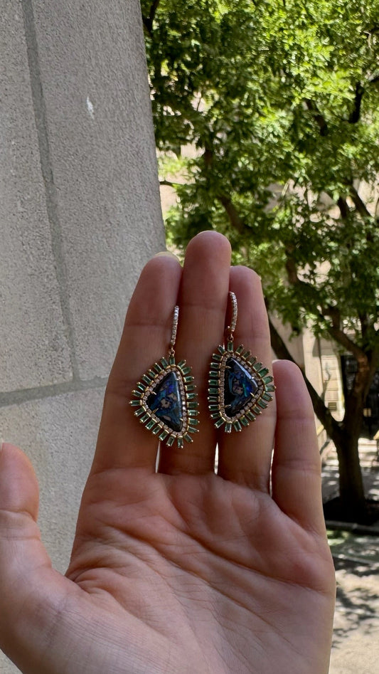 18K Yellow Gold Yahweh Opal and Emerald Baguette Earrings with Pavé Diamonds