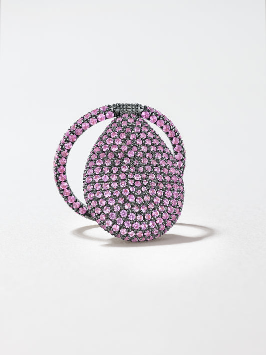 18K Blackened Gold Hand Painted Eye Flip Ring with Pink Sapphire Melee