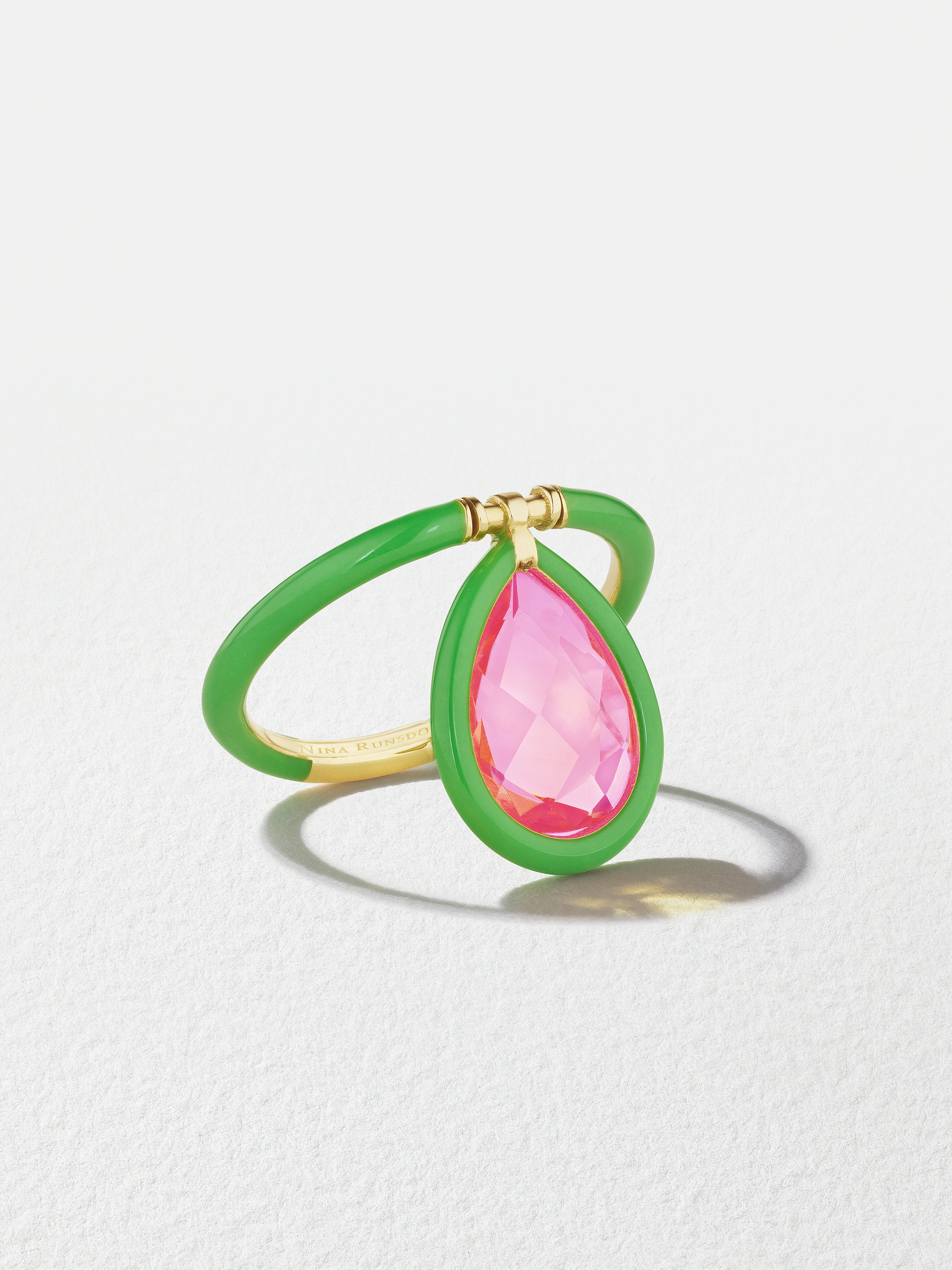 18K Yellow Gold Pink Topaz Medium Flip Ring with Acid Green Enamel