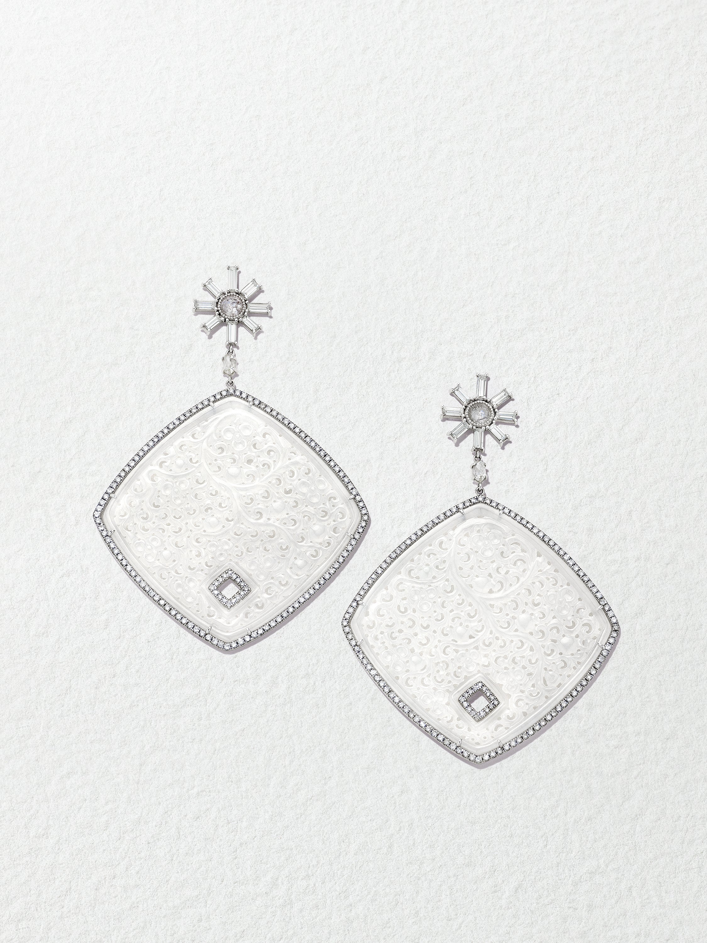 18K White Gold Carved Icy Jade Earrings with Baguette Diamond Flower Tops