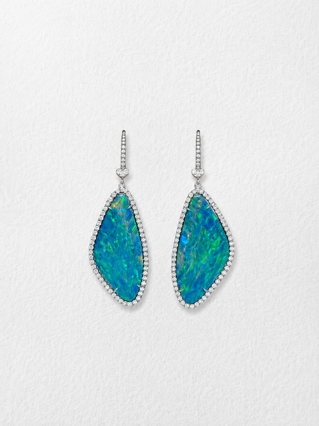 18K White Gold Australian Blue Opal Earrings with Pave Diamonds
