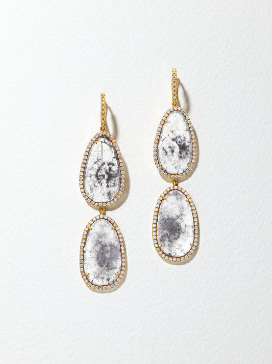 18K Yellow Gold Slice Diamond Double Drop Earrings with Pavé Diamonds