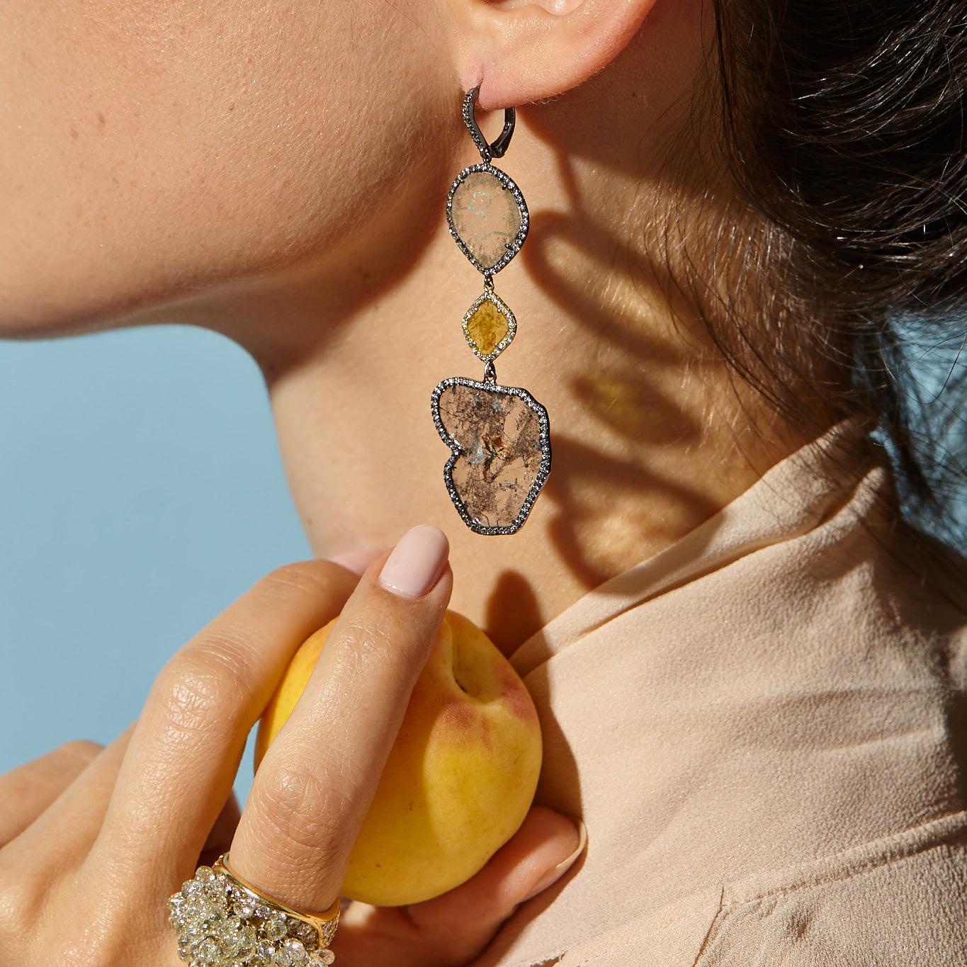 18K Yellow Gold Three Tier Grey Slice and Yellow Slice Earrings with Pavé Diamonds