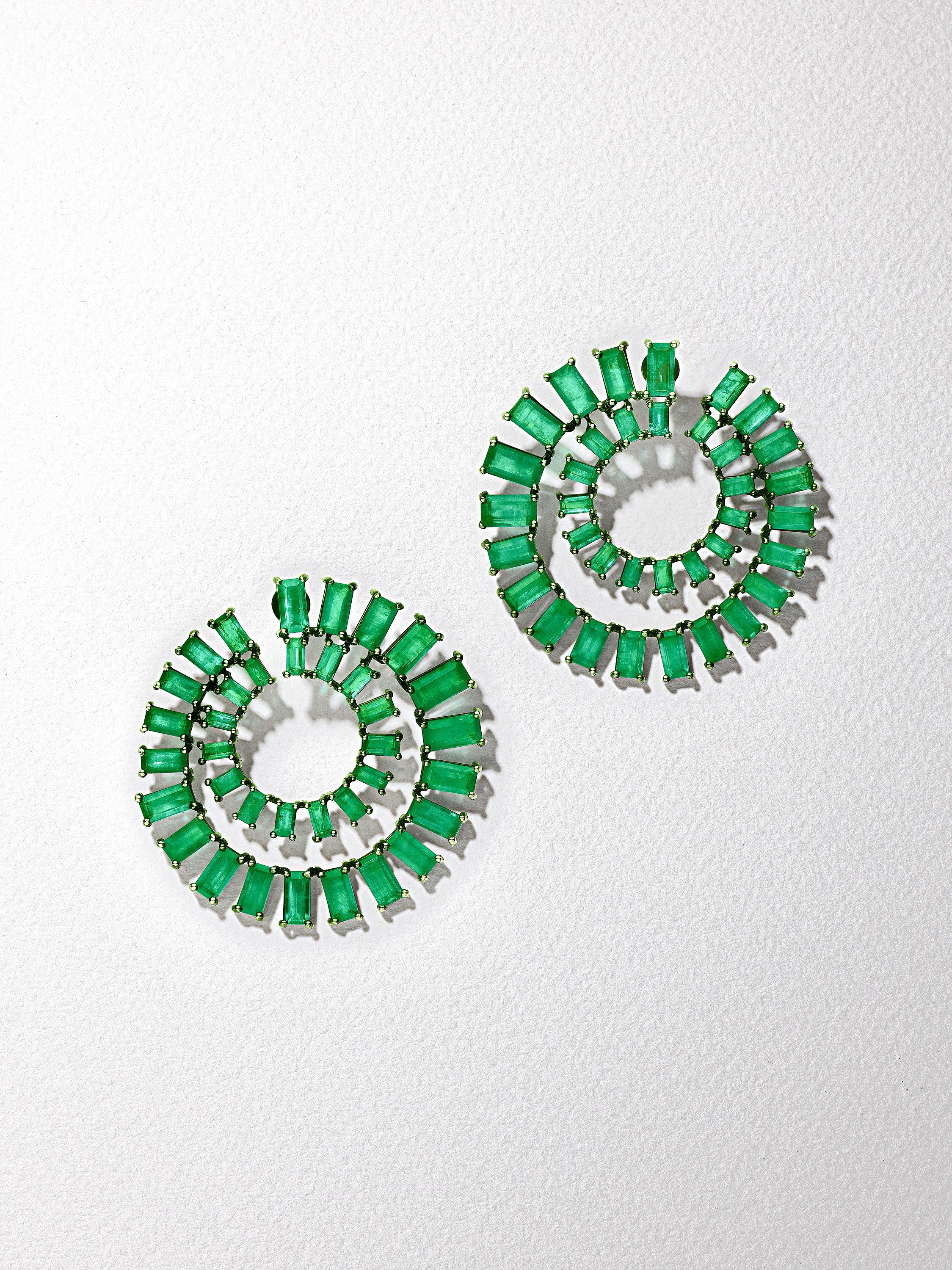 18K Blackened Gold Baguette Emerald Double Spiral Hoop Earrings