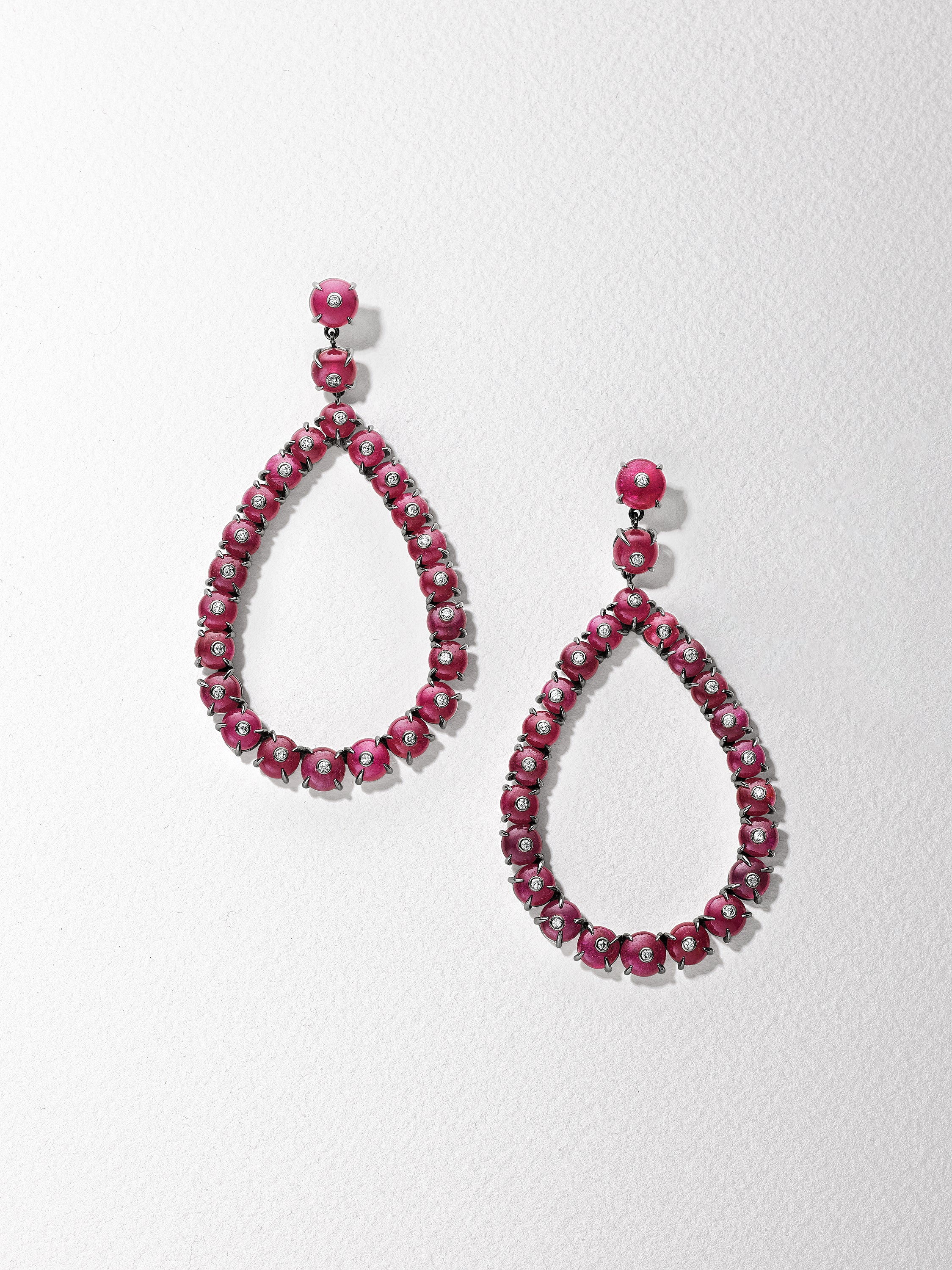 18K White Gold 65.08ct Ruby Bead and Diamond Frontal Hoop Earrings