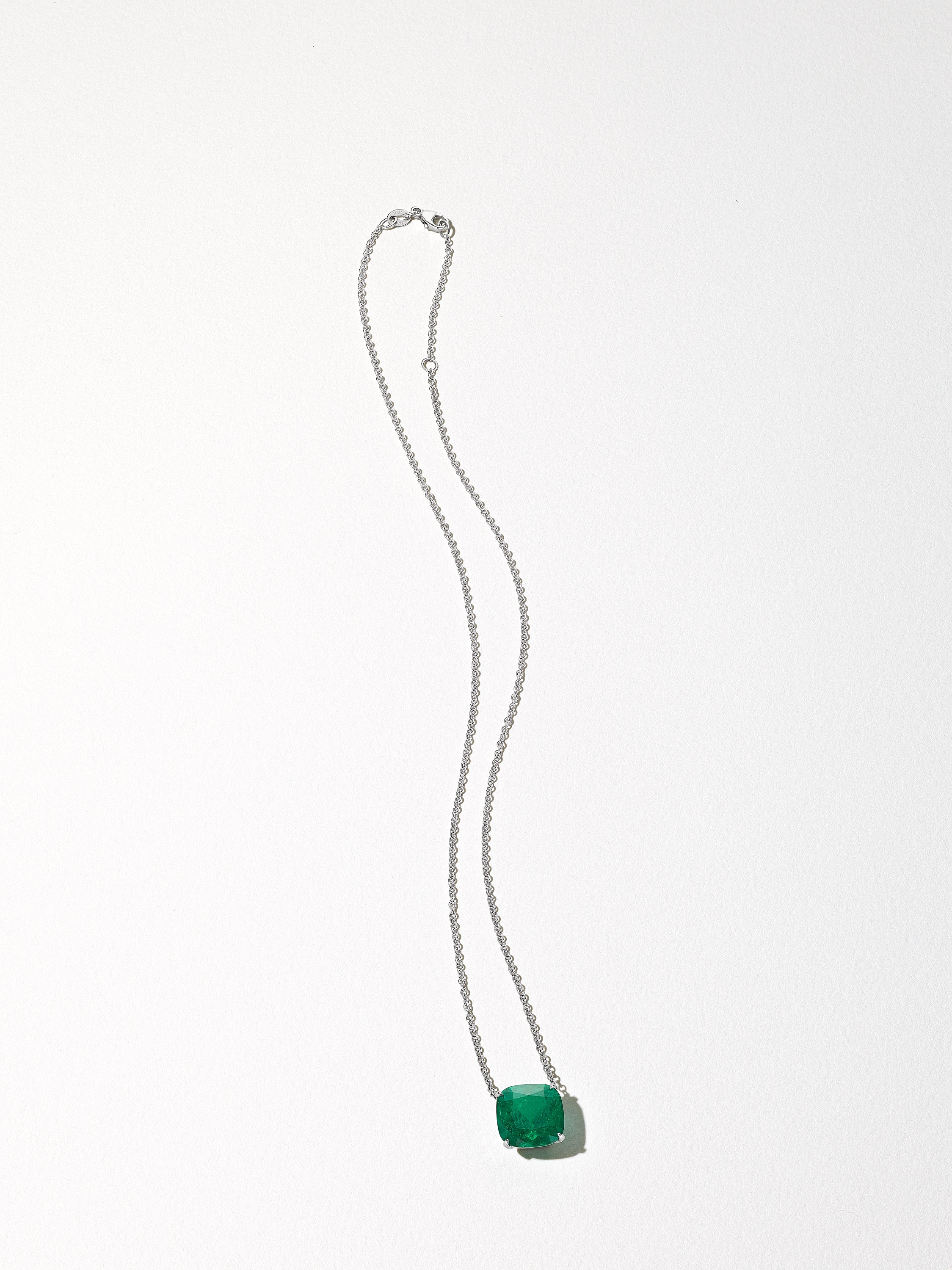 18K White Gold Cushion Cut Muzo Emerald Pendant Necklace