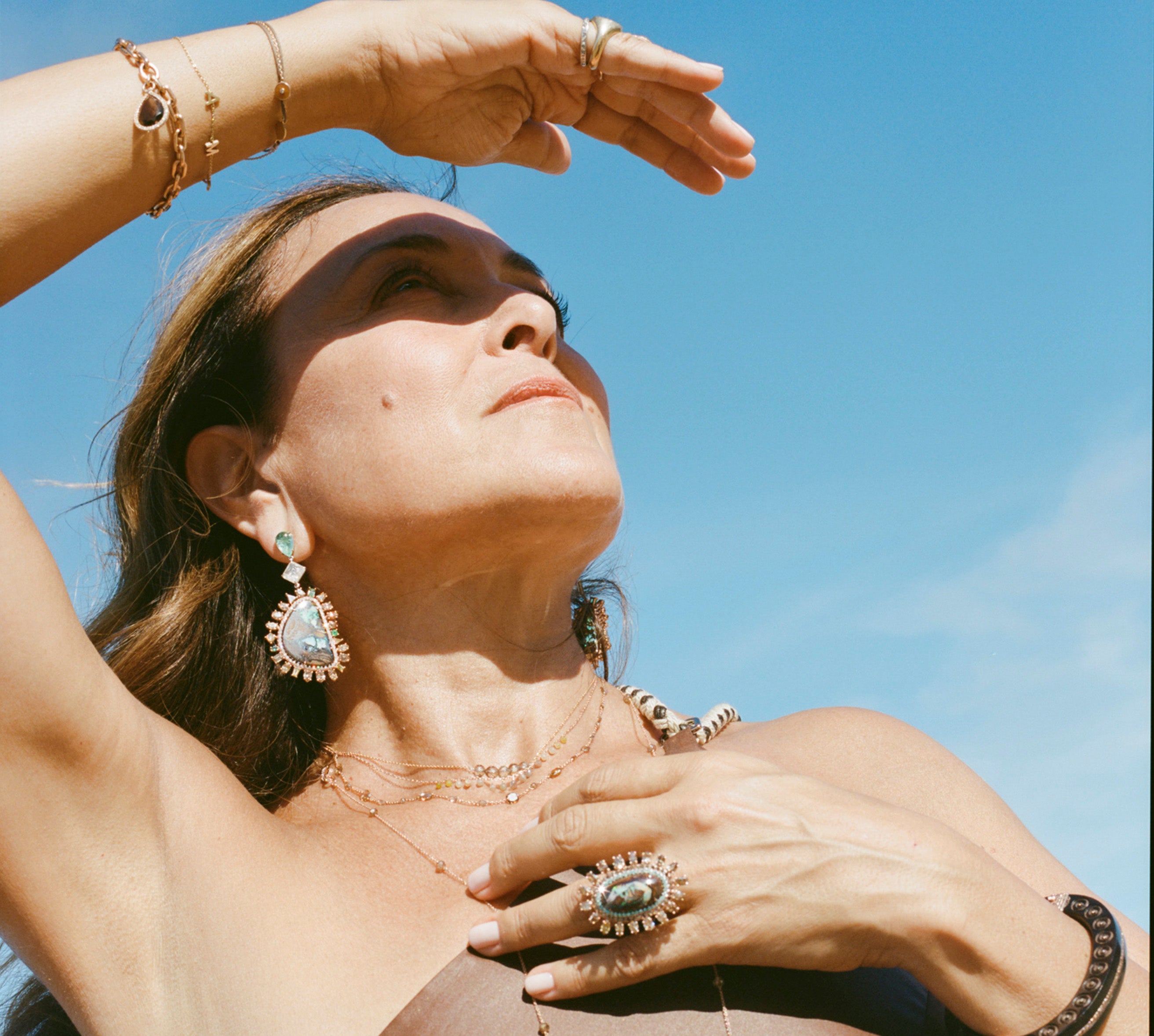 18K Rose Gold Yahwah Opal, Champagne Diamonds, Brown Diamond Melee and Paraiba Melee Ring