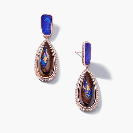 18K Rose Gold Yahweh Opal and Blue Opal Earrings with Pavé Diamonds