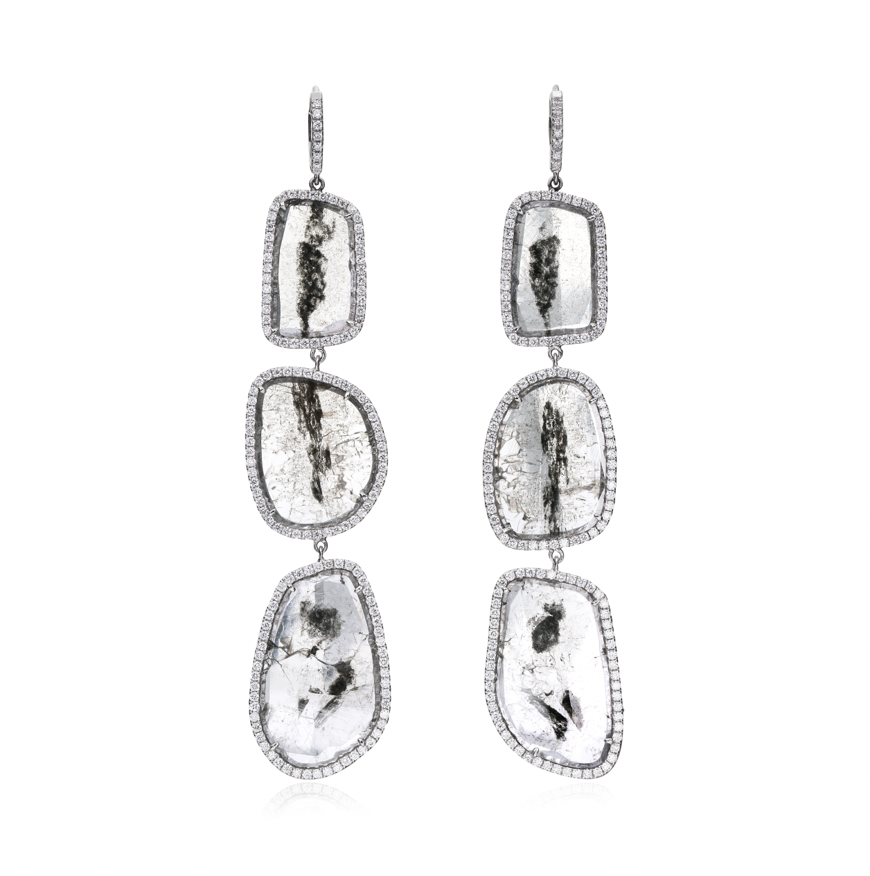 18K White Gold 13.40ct Slice Diamond Triple Drop Earrings with 2.08cts Pavé Diamonds