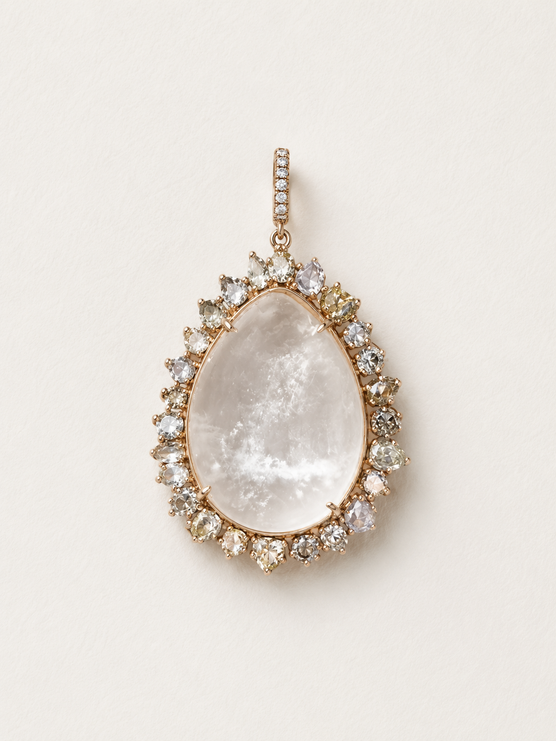 18K Rose Gold Rock Crystal Rosecut Modern Cut Diamond Pendant