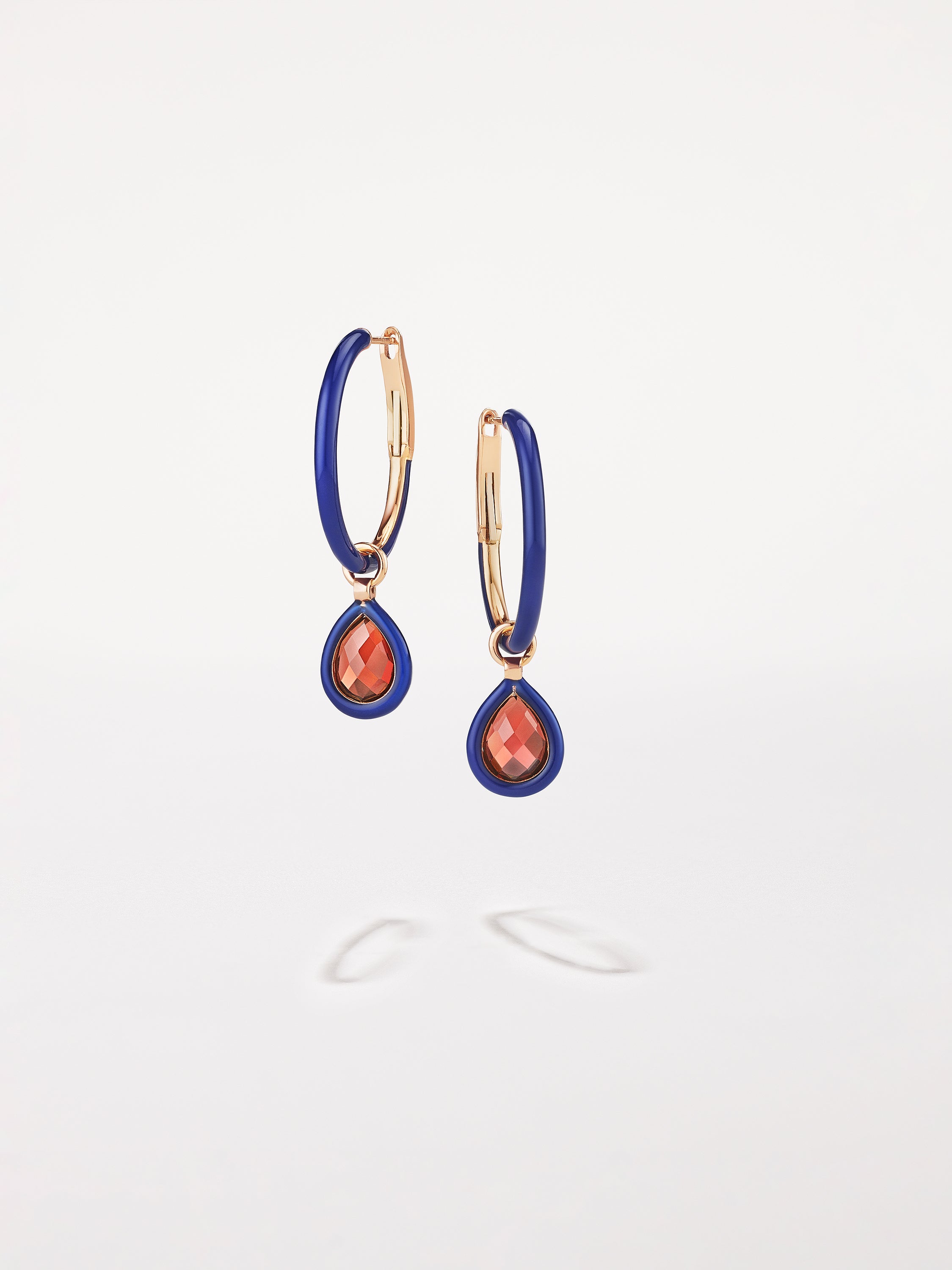 18K Rose Gold Mini Royal Blue Enamel Hoops with Mini Garnet Charms