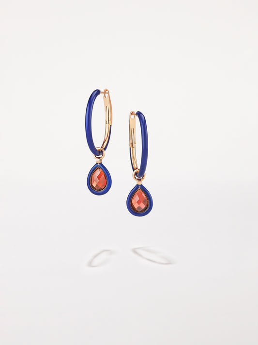 18K Rose Gold Mini Royal Blue Enamel Hoops with Mini Garnet Charms