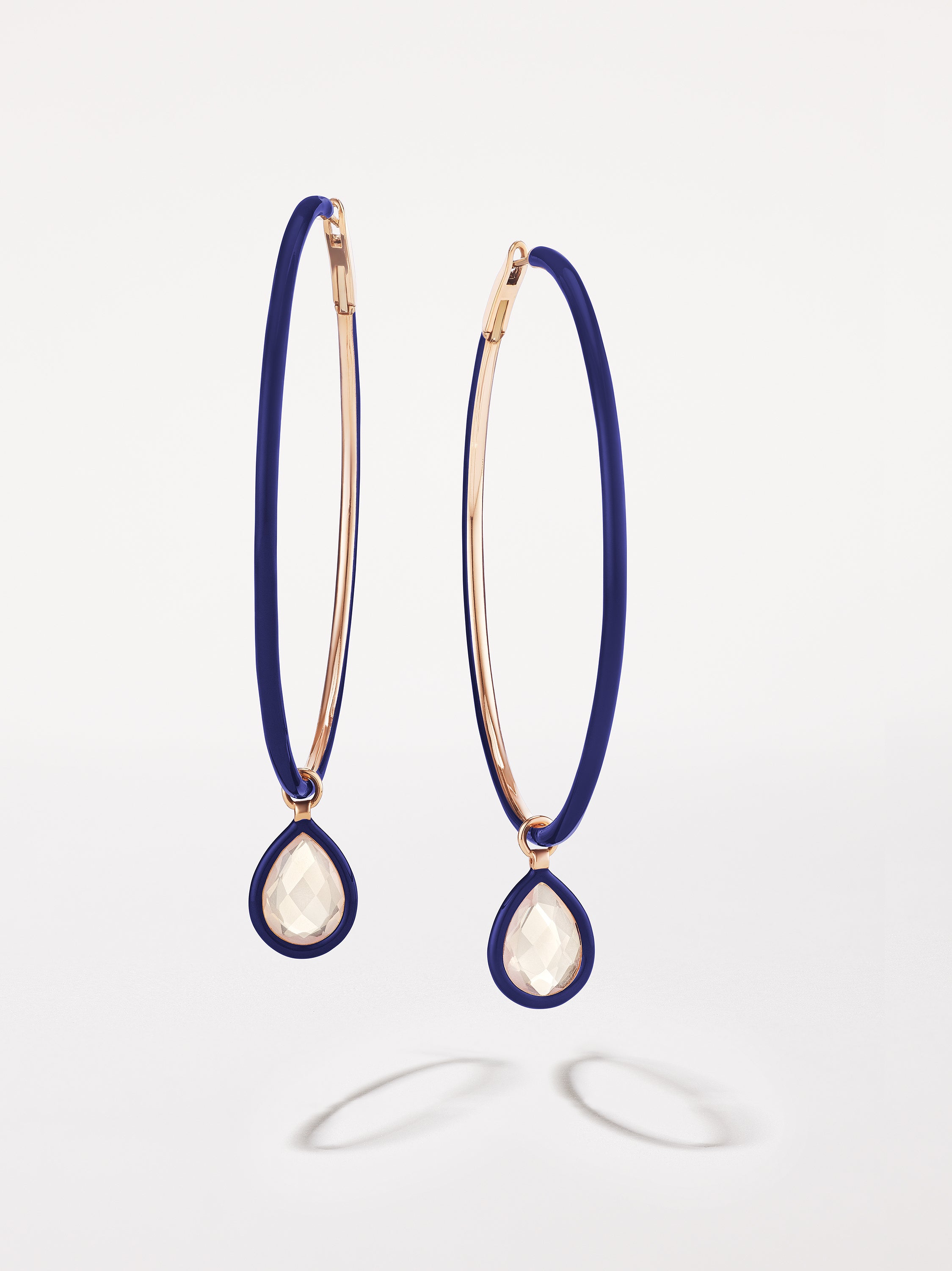 18K Rose Gold Large Deep Blue Enamel Hoops with Rose Quartz Charms