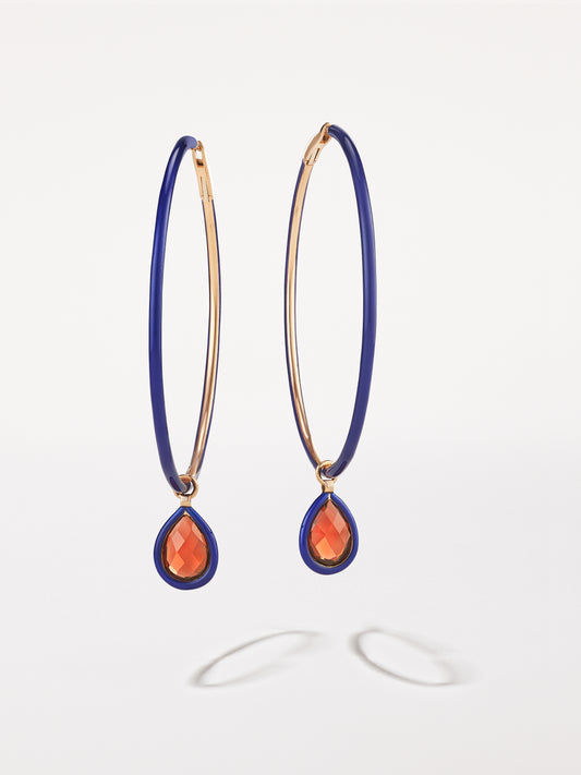 18K Rose Gold Large Royal Blue Enamel Hoops with Medium Garnet Charms