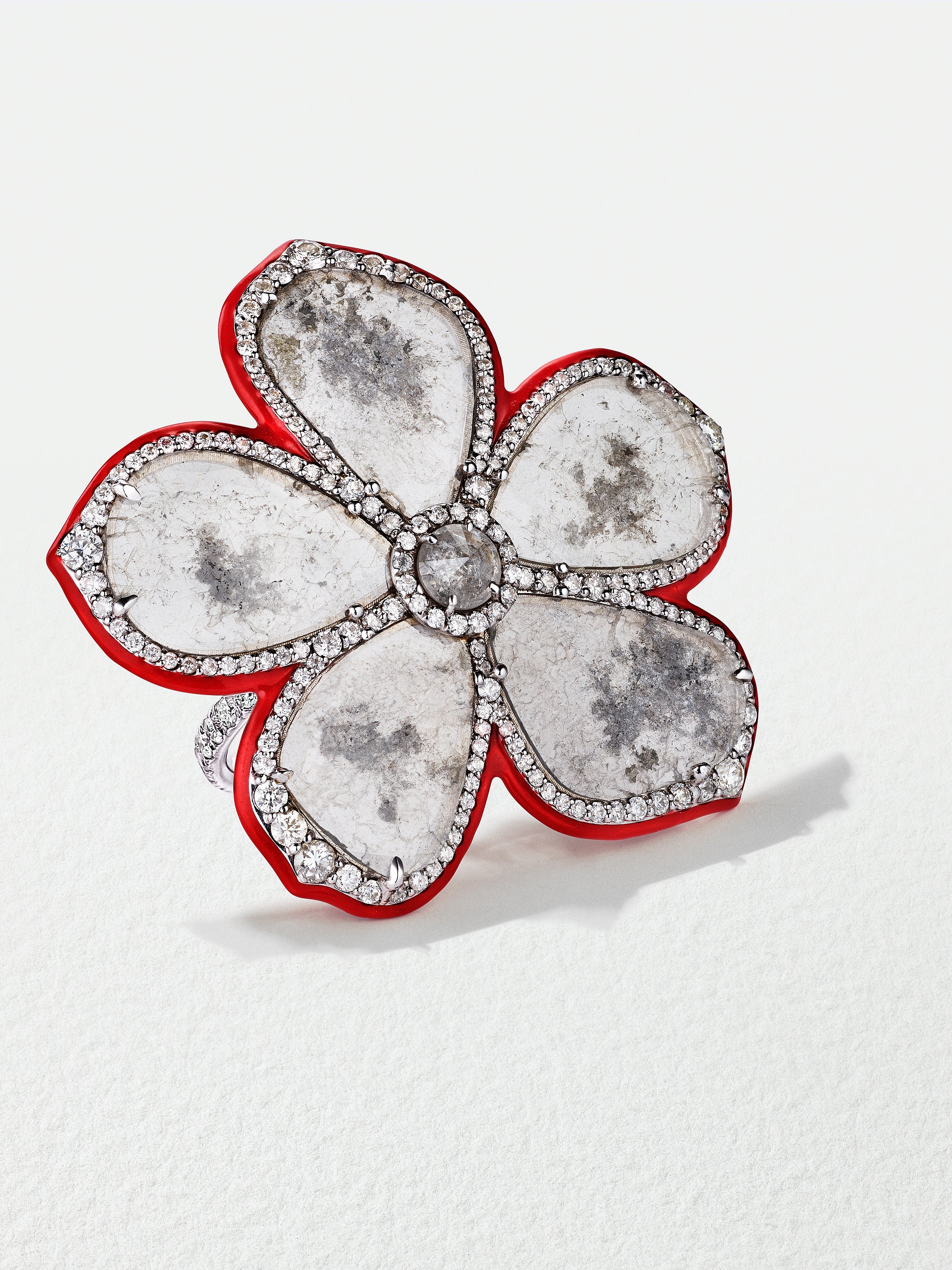 18K White Gold Slice Diamond Flower Ring with Red Enamel