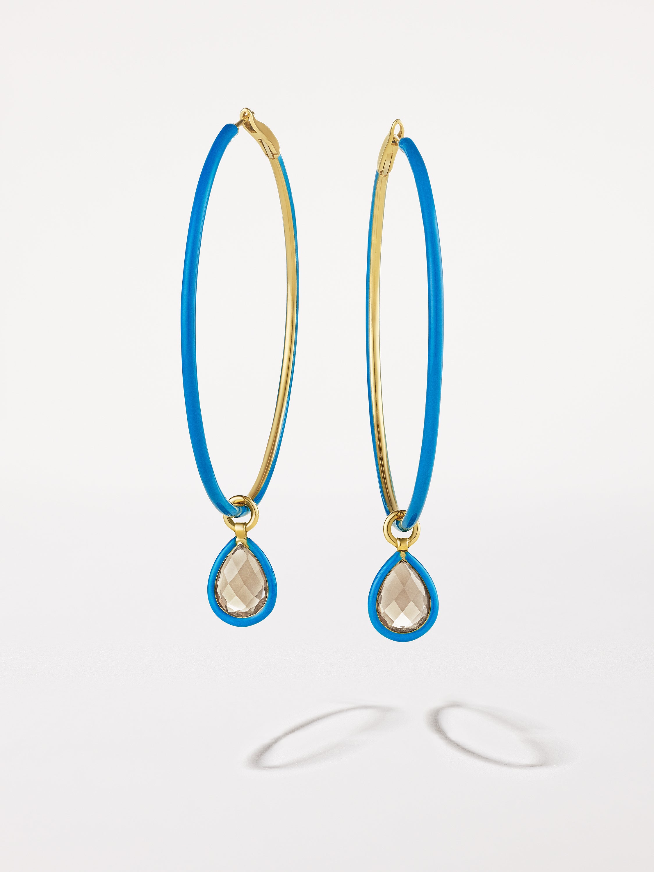 18K Yellow Gold Large French Blue Enamel Hoops with Smoky Topaz Charms