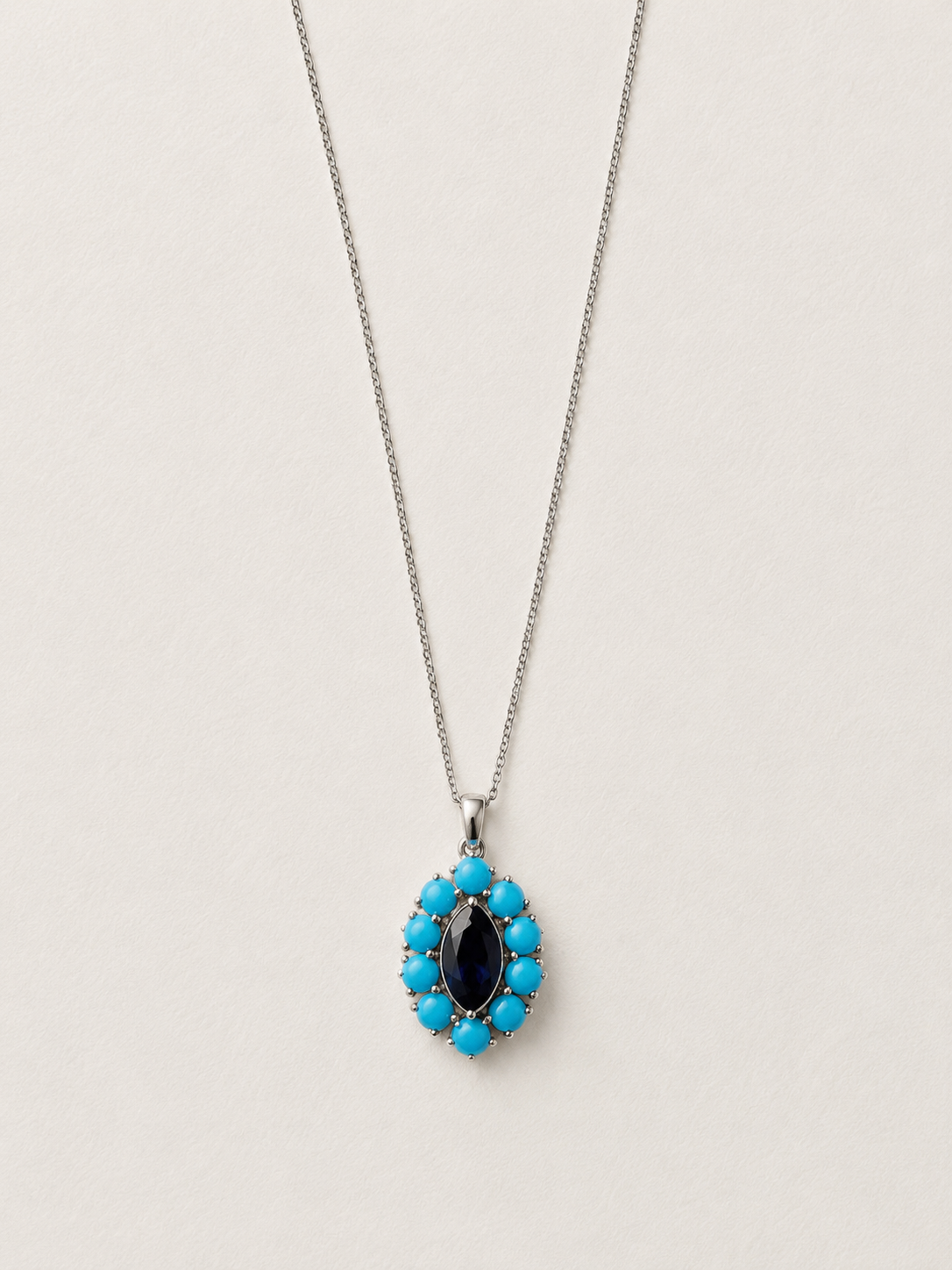 18K White Gold Blue Marquise and Turquoise Charm Necklace