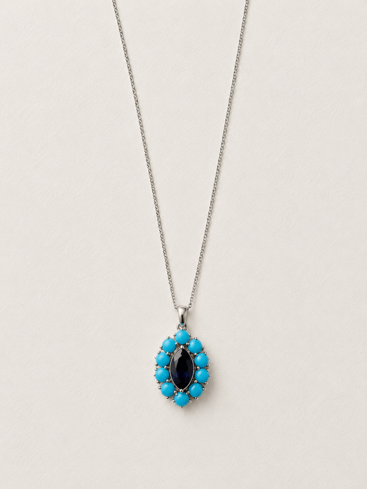 18K White Gold Blue Marquise and Turquoise Charm Necklace