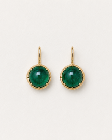 18K Yellow Gold Emerald Cabochon Single Drop Collet Set Earrings