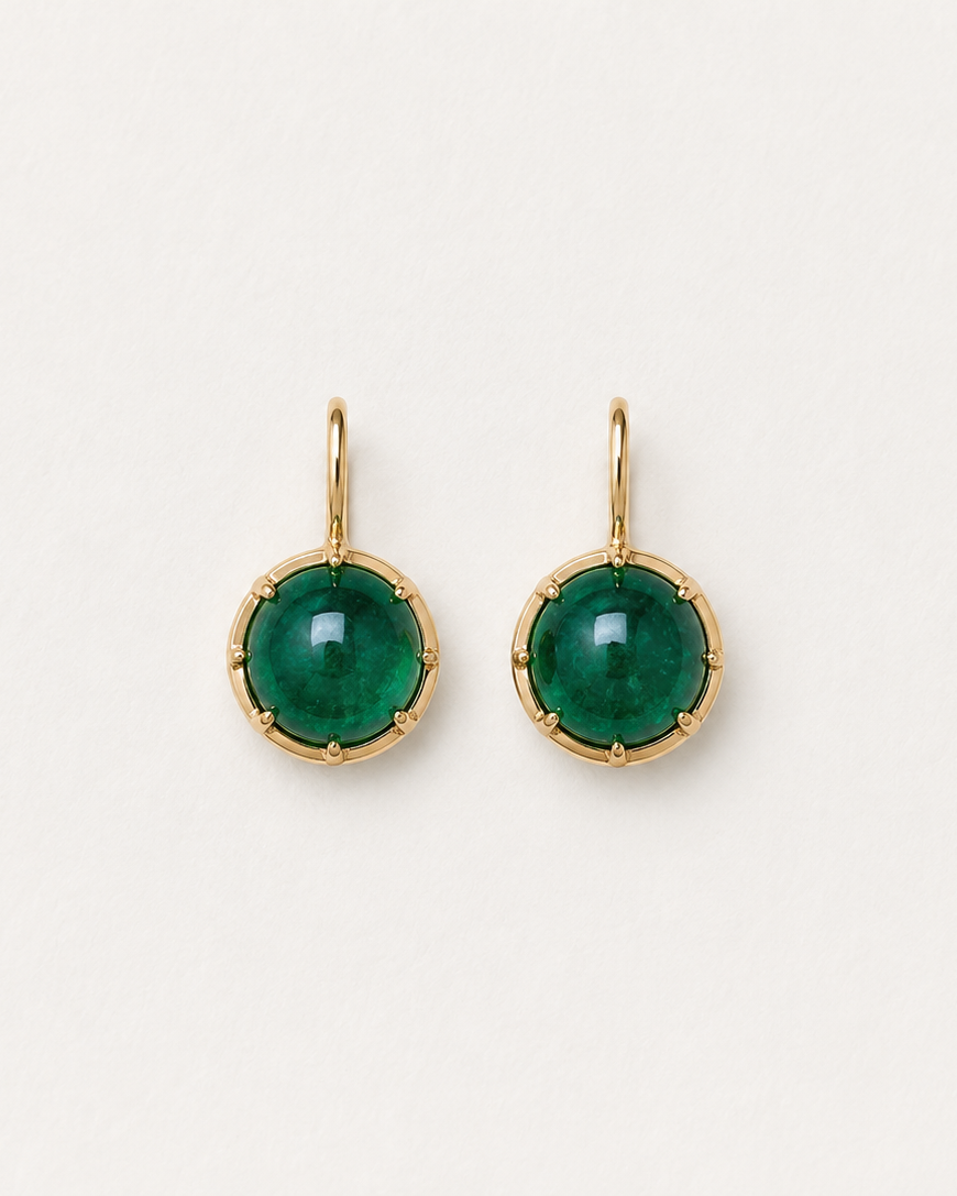 18K Yellow Gold Emerald Cabochon Single Drop Collet Set Earrings