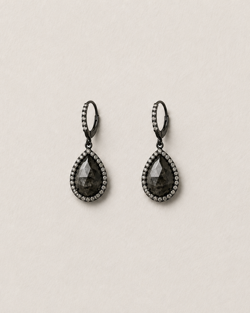 18K Blackened Gold Black Diamond Pearshape Single Drop Earrings