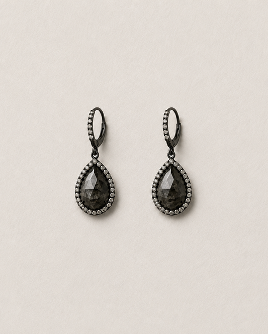 18K Blackened Gold Black Diamond Pearshape Single Drop Earrings