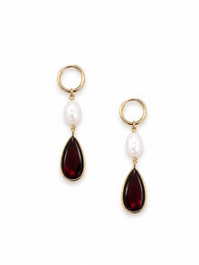 18K Yellow Gold Freshwater Pearl and Garnet Pearshape Dangle Earrings