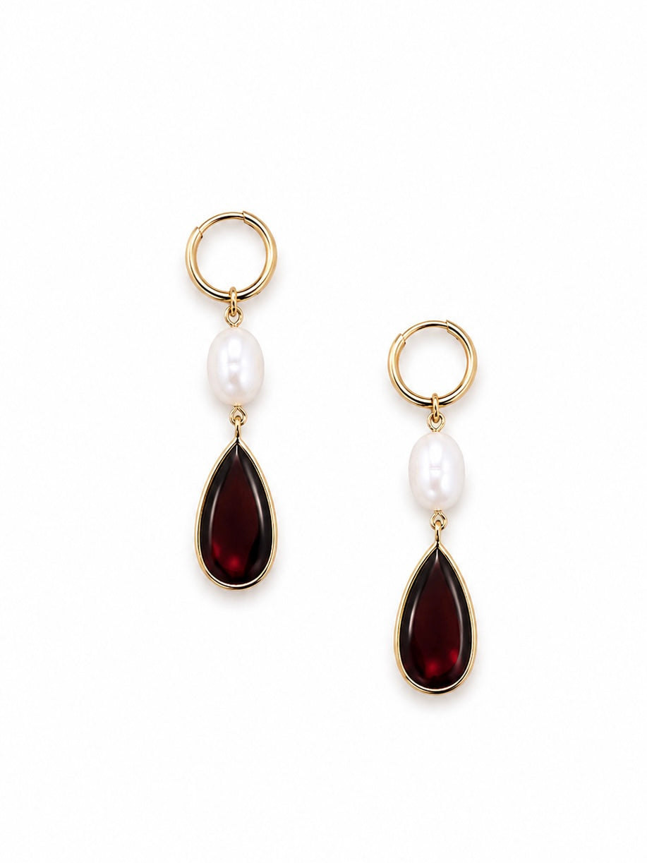 18K Yellow Gold Freshwater Pearl and Garnet Pearshape Dangle Earrings