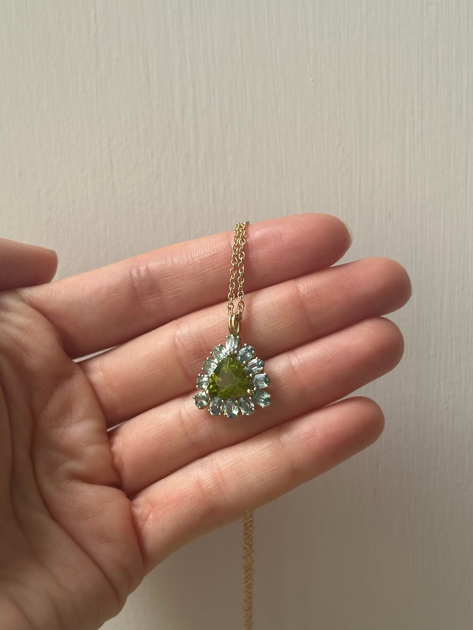 18K Yellow Gold Peridot and Blue Topaz Charm on Cable Chain