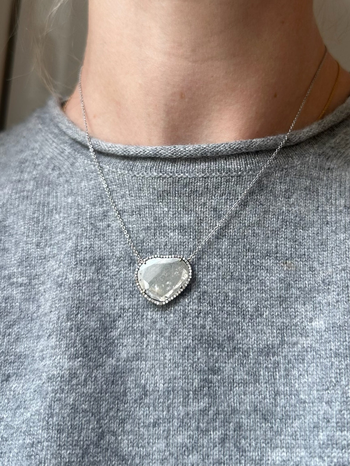 18K White Gold Slice Diamond Pendant with Pavé Diamonds