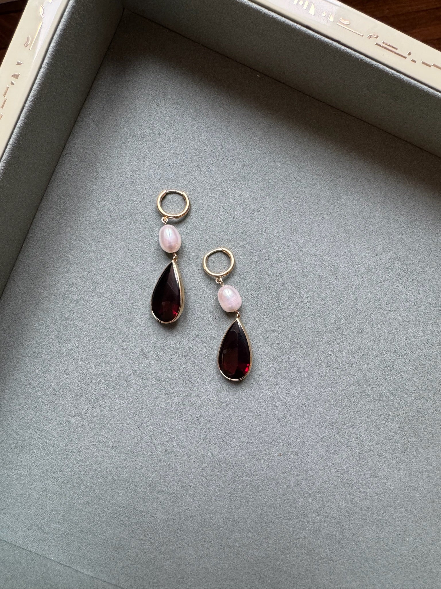 18K Yellow Gold Freshwater Pearl and Garnet Pearshape Dangle Earrings
