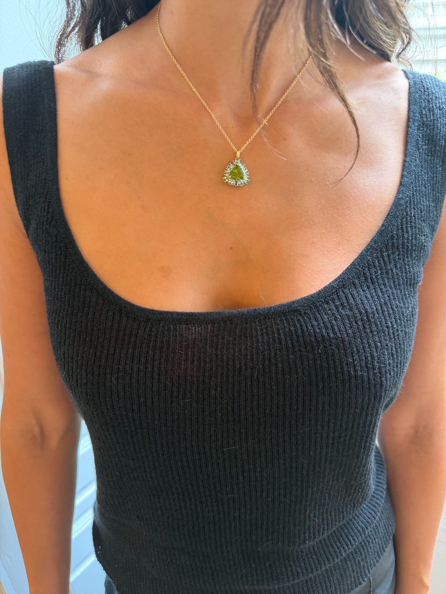 18K Yellow Gold Peridot and Blue Topaz Charm on Cable Chain