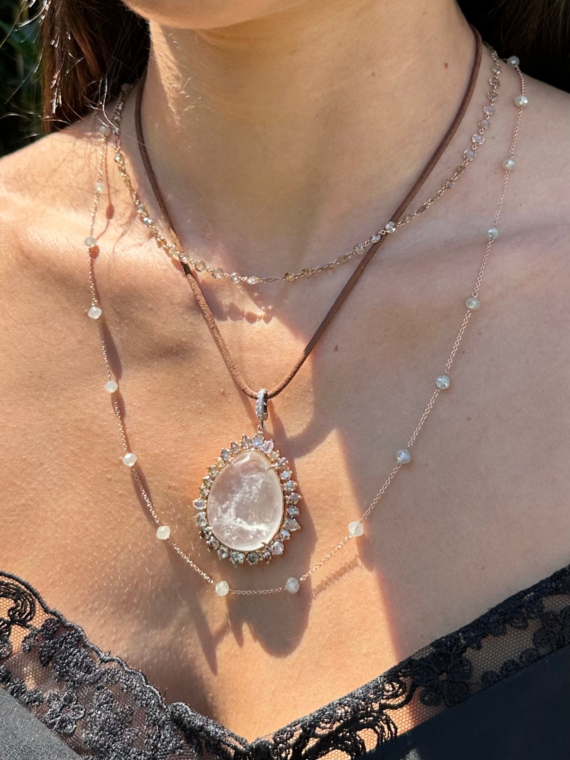 18K Rose Gold Rock Crystal Rosecut Modern Cut Diamond Pendant
