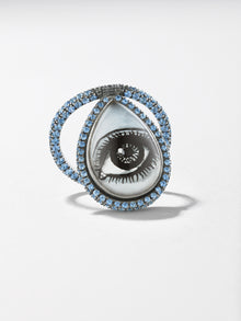 18K Blackened Gold Hand Painted Eye Flip Ring with Blue Sapphire Melee