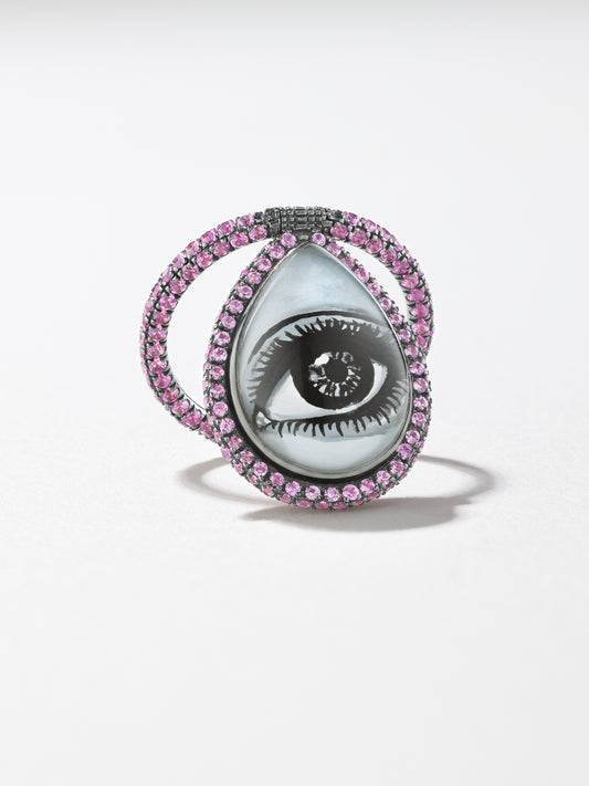 18K Blackened Gold Hand Painted Eye Flip Ring with Pink Sapphire Melee