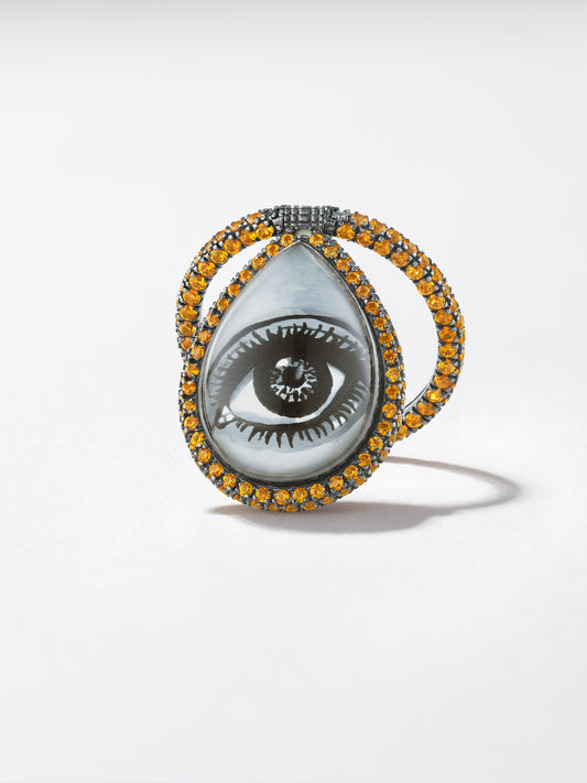 18K Blackened Gold Hand-Painted Eye Flip Ring with Orange Sapphire Melee