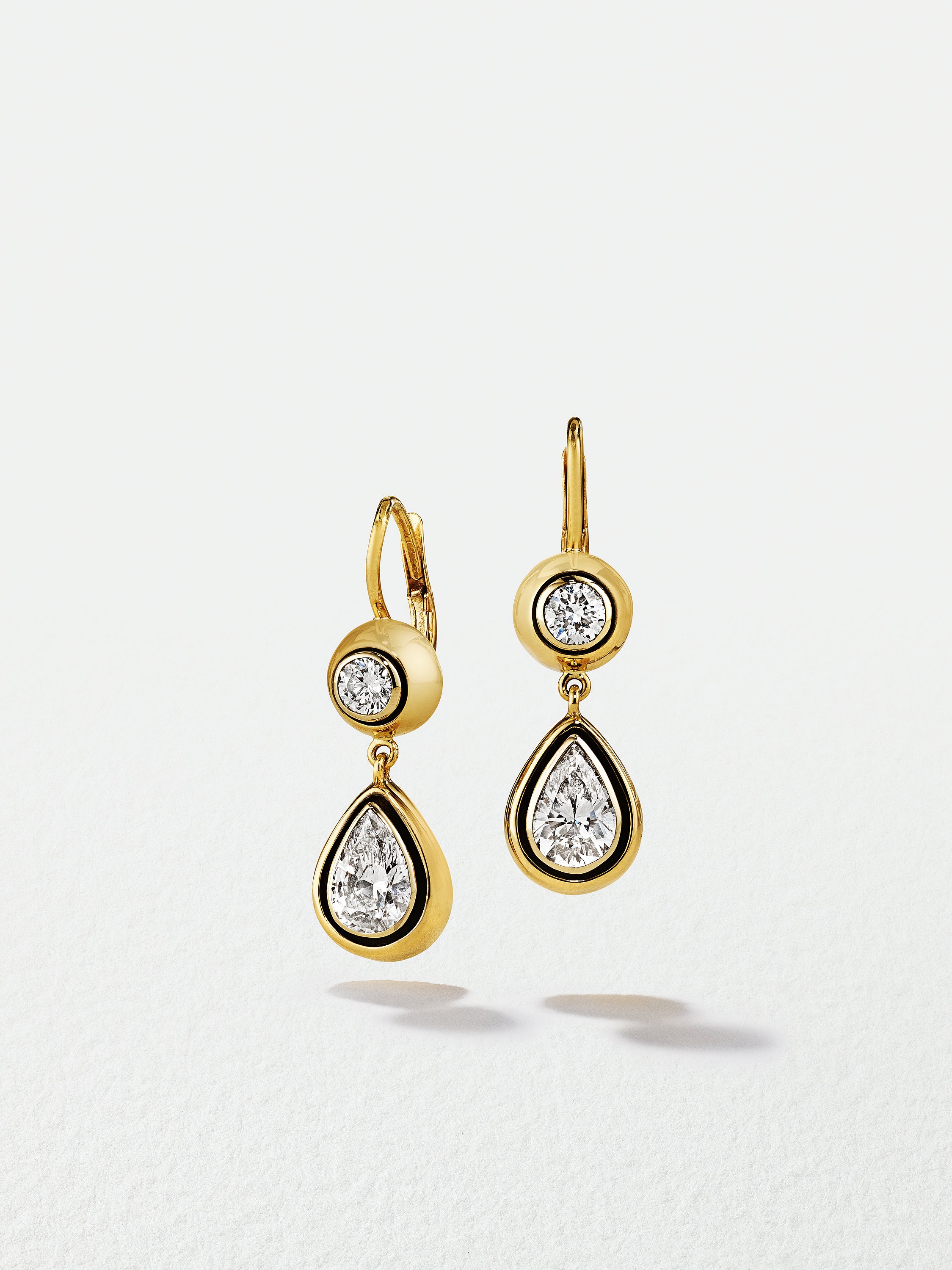 18K Yellow Gold Round and Pearshape Diamond Drop Earrings