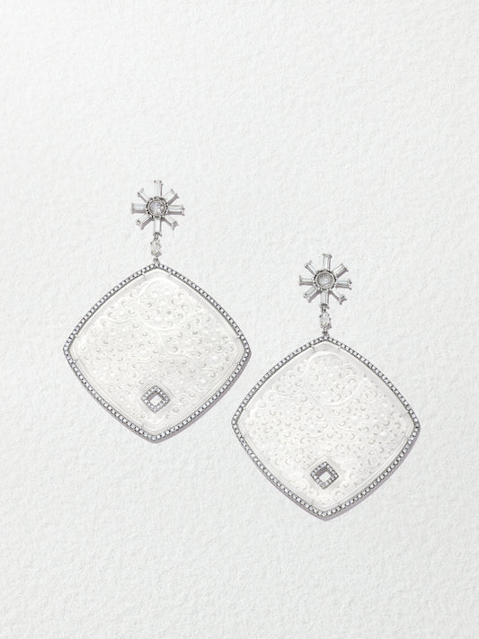 18K White Gold Carved Icy Jade Earrings with Baguette Diamond Flower Tops