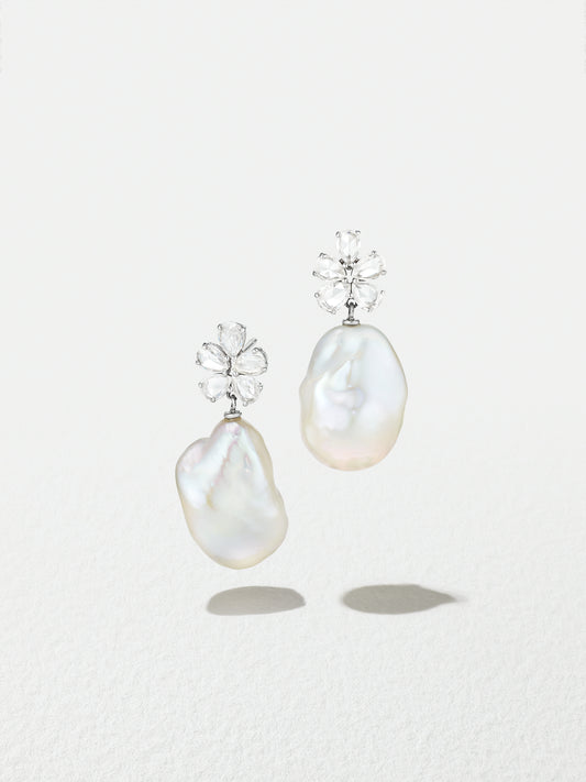 18K White Gold Pearshape Rosecut Diamond Flower and Hanging Baroque Pearl Earrings