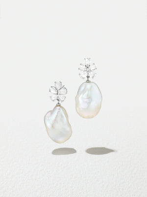 18K White Gold Pearshape Rosecut Diamond Flower and Hanging Baroque Pearl Earrings
