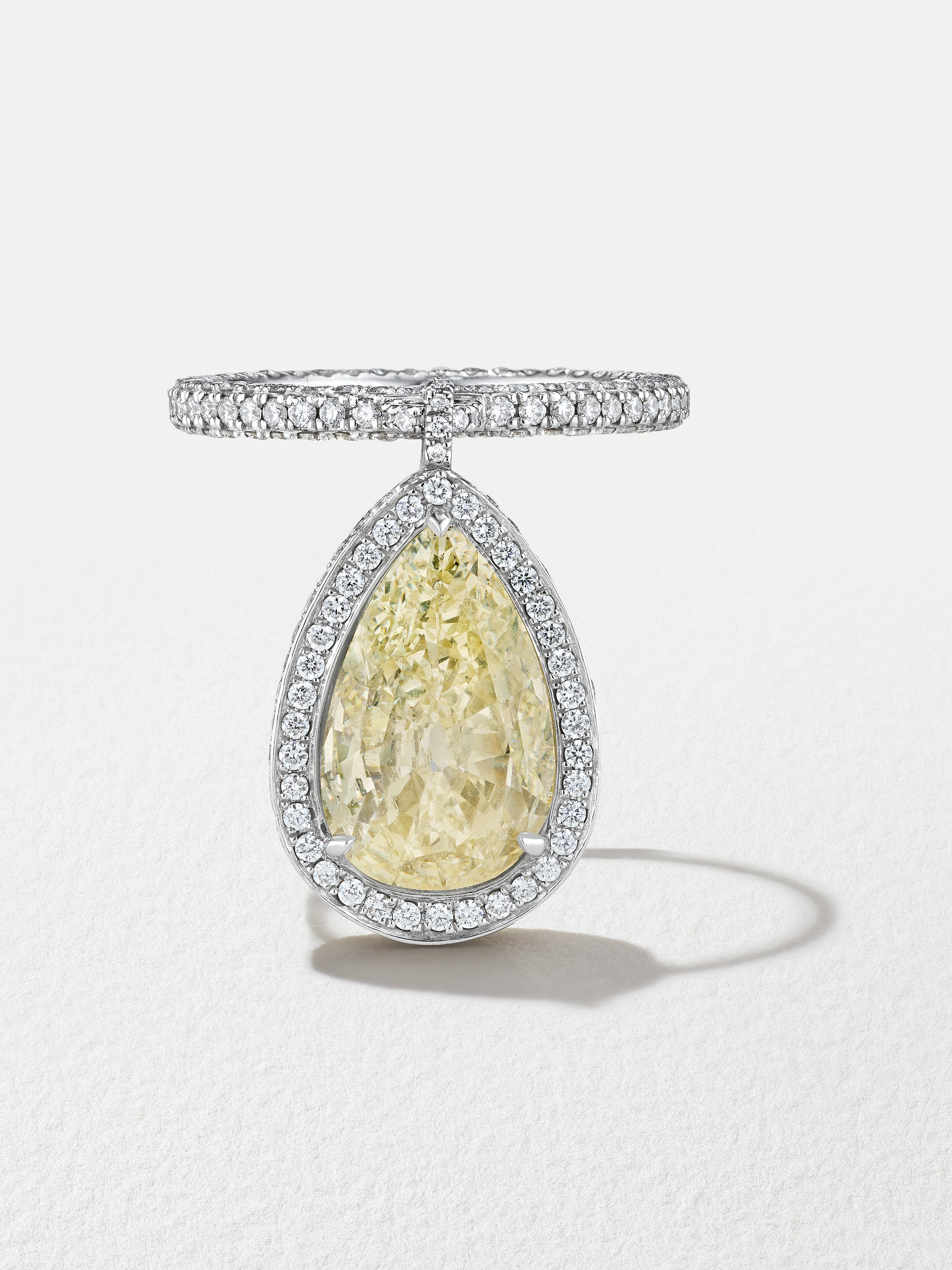 Platinum 4.34ct Pearshape Light Yellow Diamond Dangle Ring