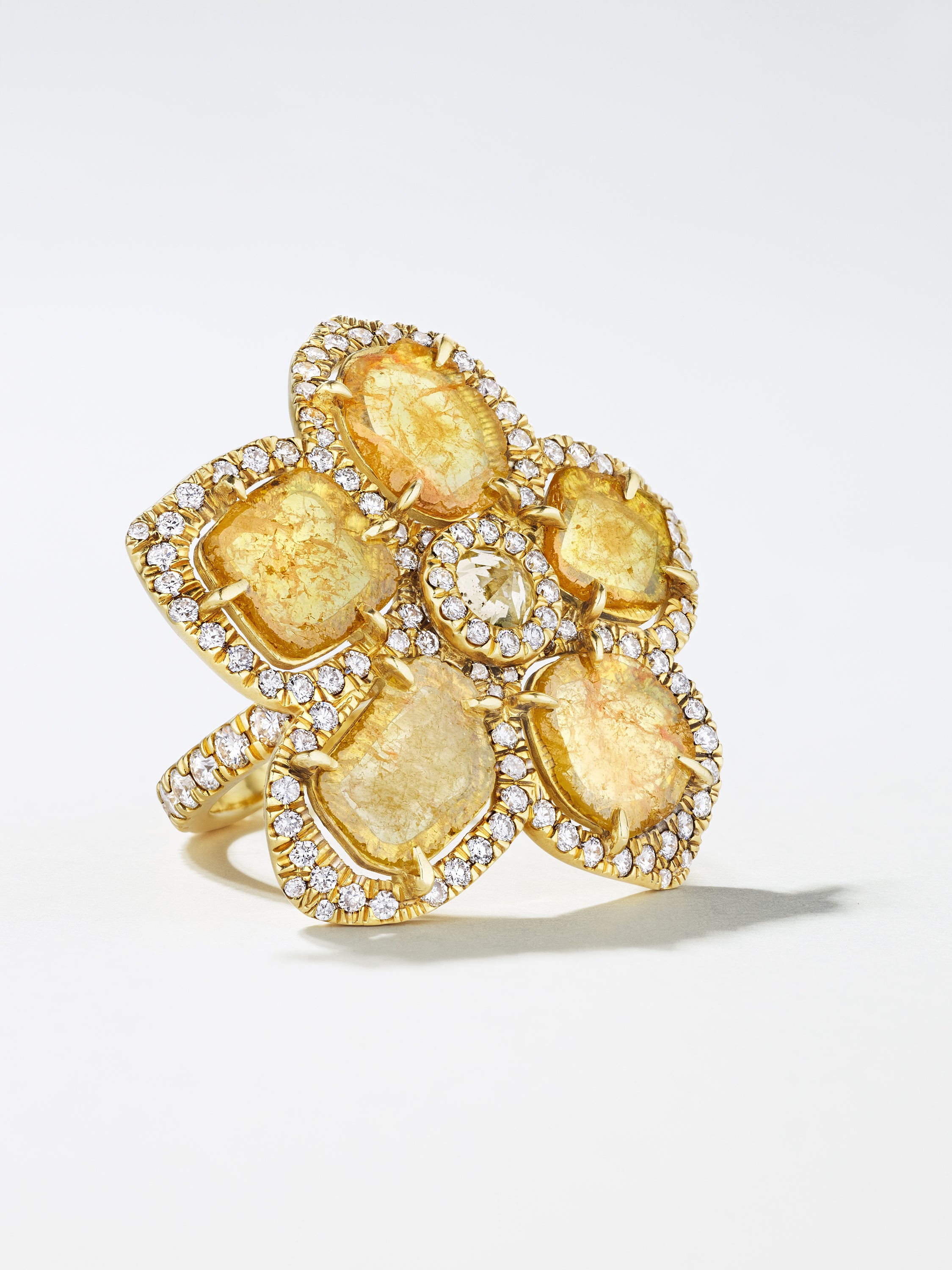 18K Yellow Gold Yellow Slice Diamond Flower Ring with Icy Diamond Center