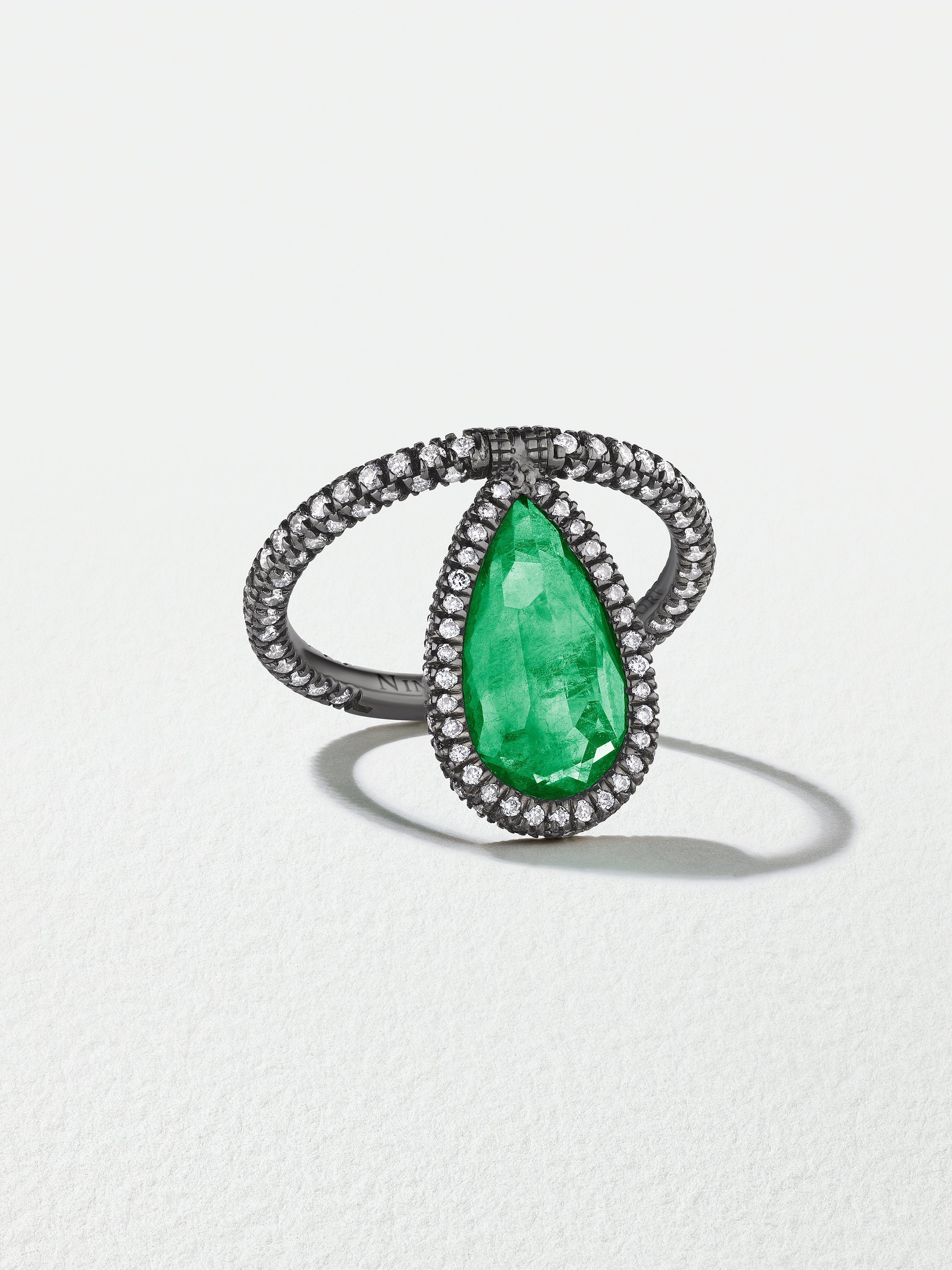 18K Blackened Gold Pearshape Emerald Flip Ring with Pavé Diamonds