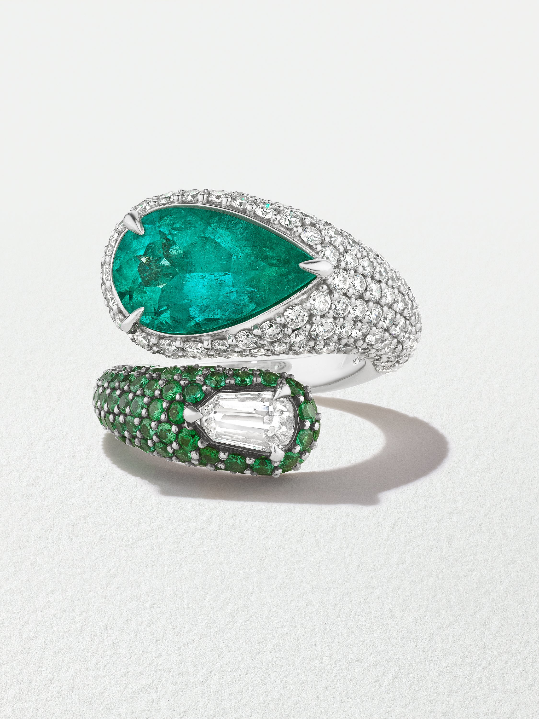 18K White Gold Pearshape Muzo Emerald and Bullet Diamond Snake Ring